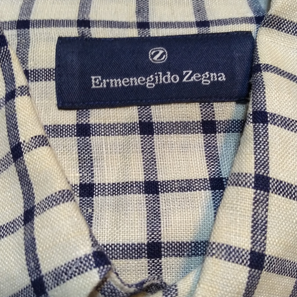 Eremenegildo Zegna Men's Collared Shirt, Sz XL 100% Linen Cream with Blue… - Picture 3 of 12